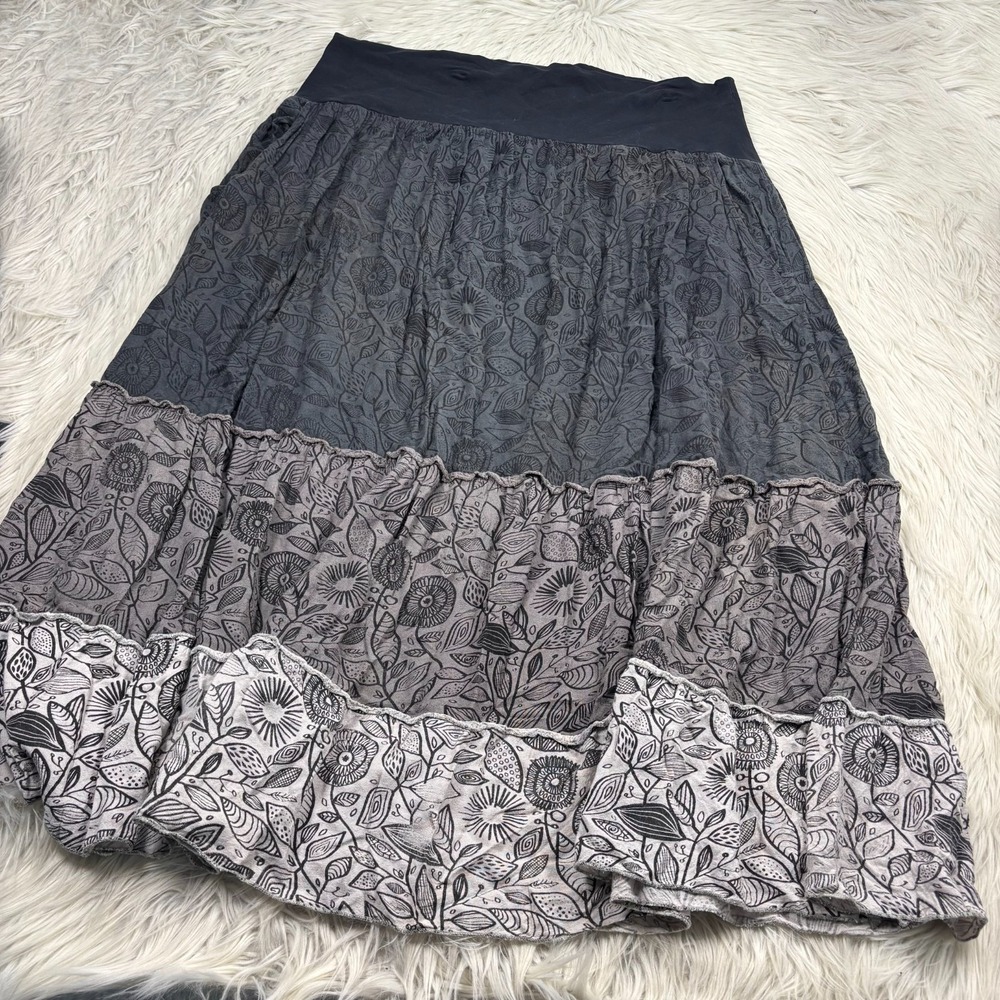 Soul Flower Women's XXL Gray Black Floral Tiered Maxi Skirt Peasant Boho